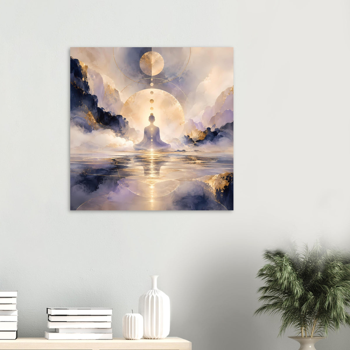 Quadratisches Poster mit Meditationsfigur zwischen Himmelskreisen, goldenem Licht und Wolkenmeer