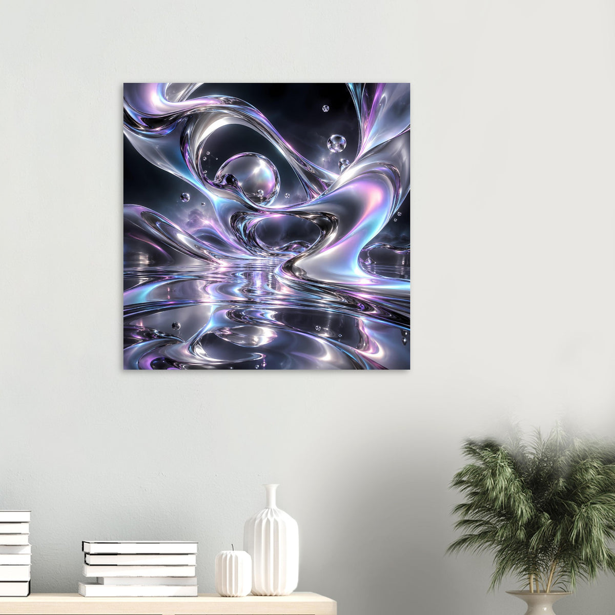 Quadratisches Chrom-Liquid-Poster mit reflektierenden Metallwellen und Tropfen