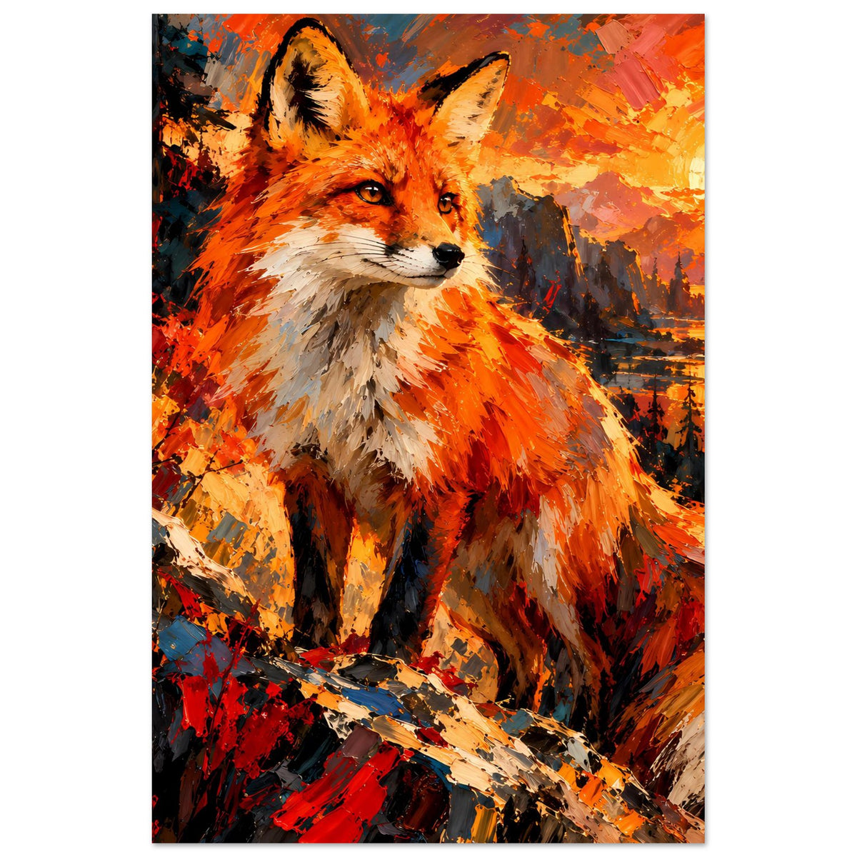 Vertikales Poster mit Fuchs-Porträt in satten Orange- und Rottönen, lebendige Pinselmalerei