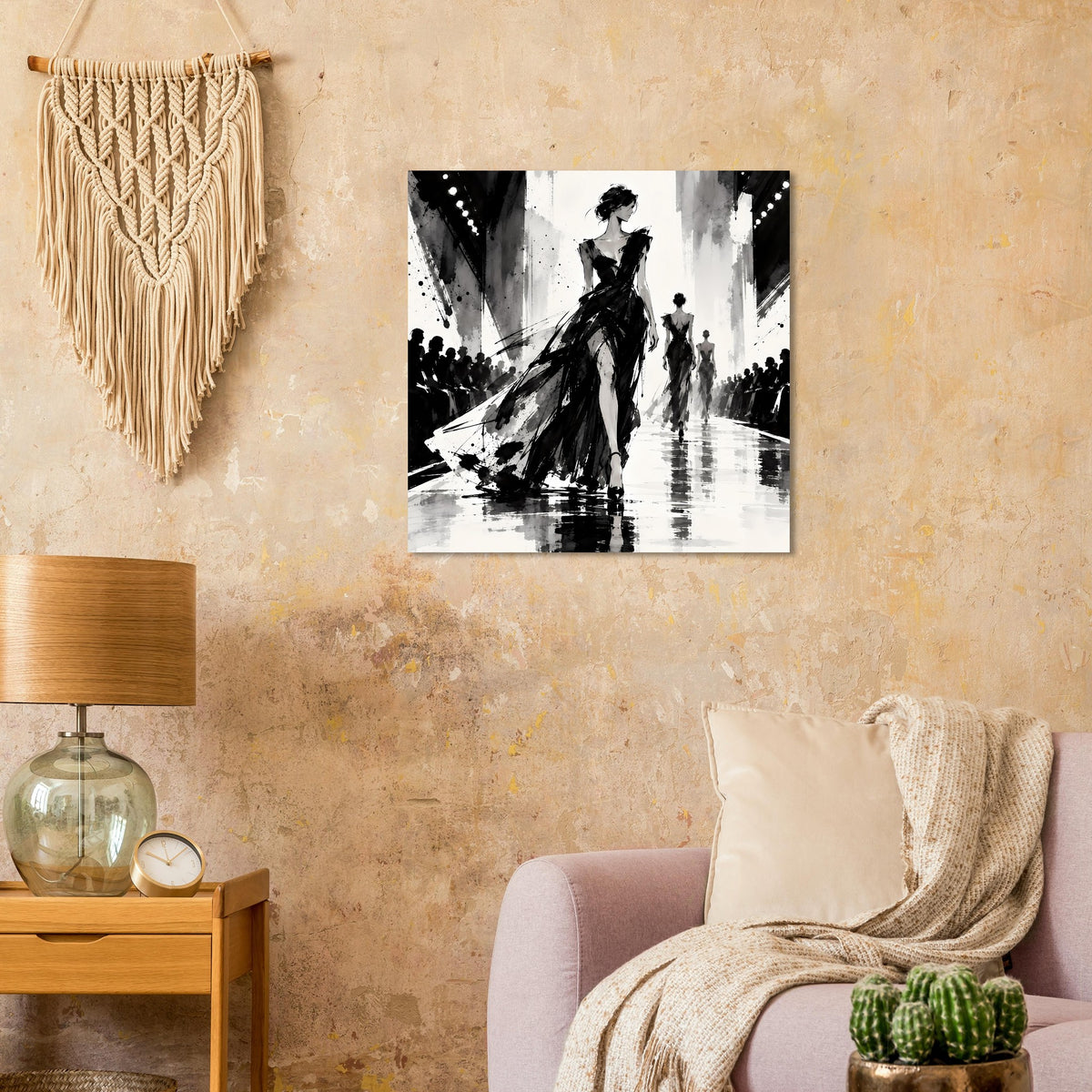 Schwarzweiß-Modeillustrationsposter im Querformat, Frauensilhouette vor Bühnenkulisse