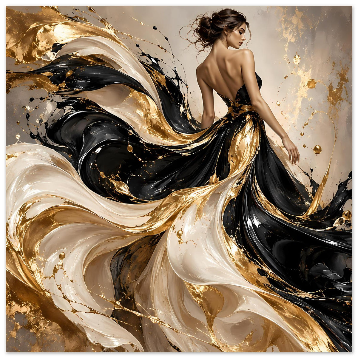 Kunstposter mit abstrakten Wirbeln und Rückenakt-Figur in Schwarz, Gold und Elfenbein