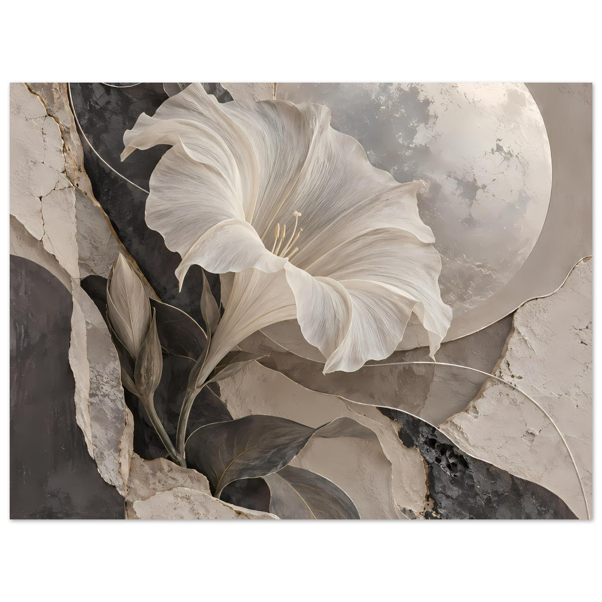 Kunstposter mit weißer Blüte, grauen Blättern und Halbmond über Steingrund