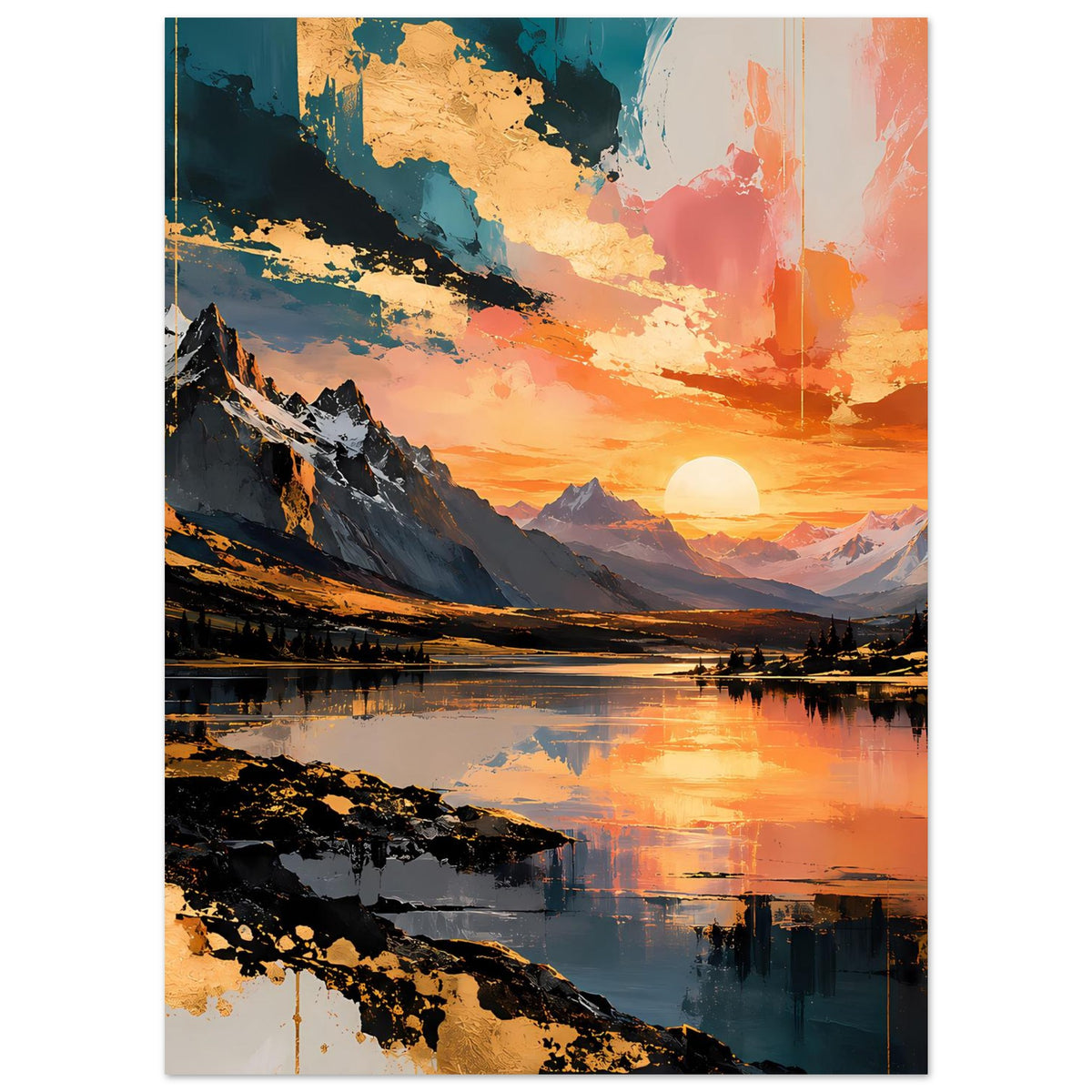 Poster mit Bergen, Seeufer und Spiegelbild des Sonnenuntergangs, warmes Orange, kühles Blau, Felsen