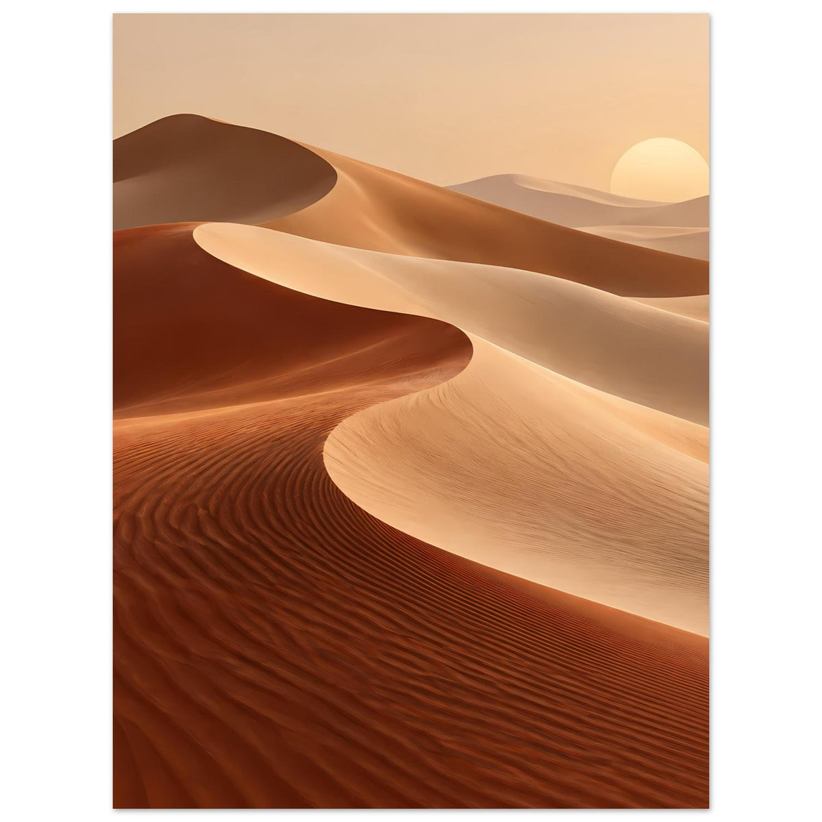 Wandposter mit Wüstendünenlandschaft, hellen Sandkuhlen und dunklen Mulden in Erdtönen