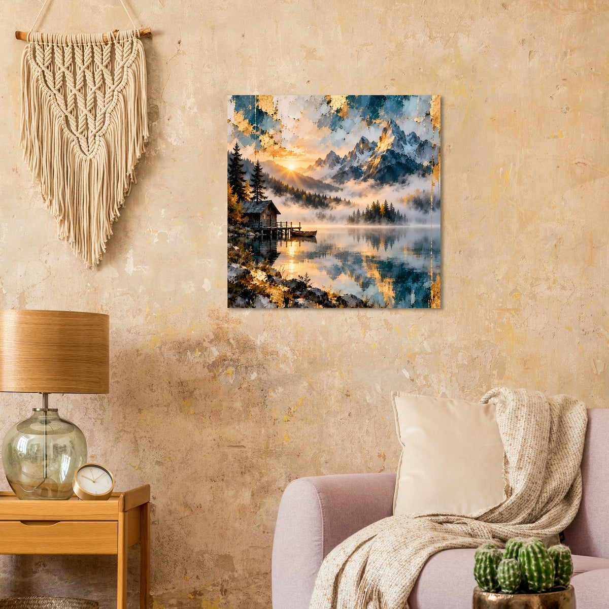 Wandposter mit Bergsee-Panorama, reflektierende Landschaft bei Sonnenaufgang