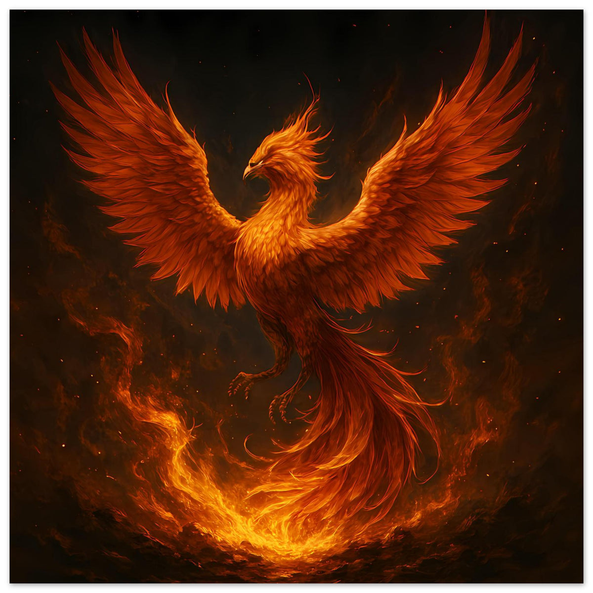 Feuriges Phönix-Poster (Hochformat) mit leuchtendem Phönix und gewellten Feuerlinien