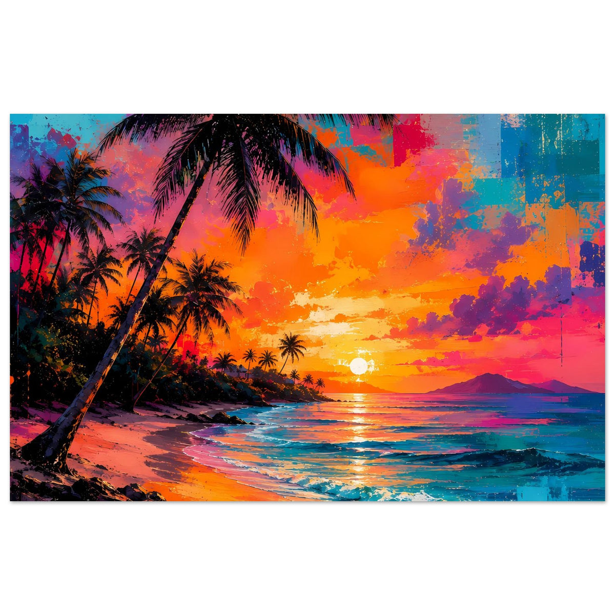 Abstraktes Poster, quer: Palmen am Strand, leuchtender Sonnenuntergang, Farbflächen am Himmel