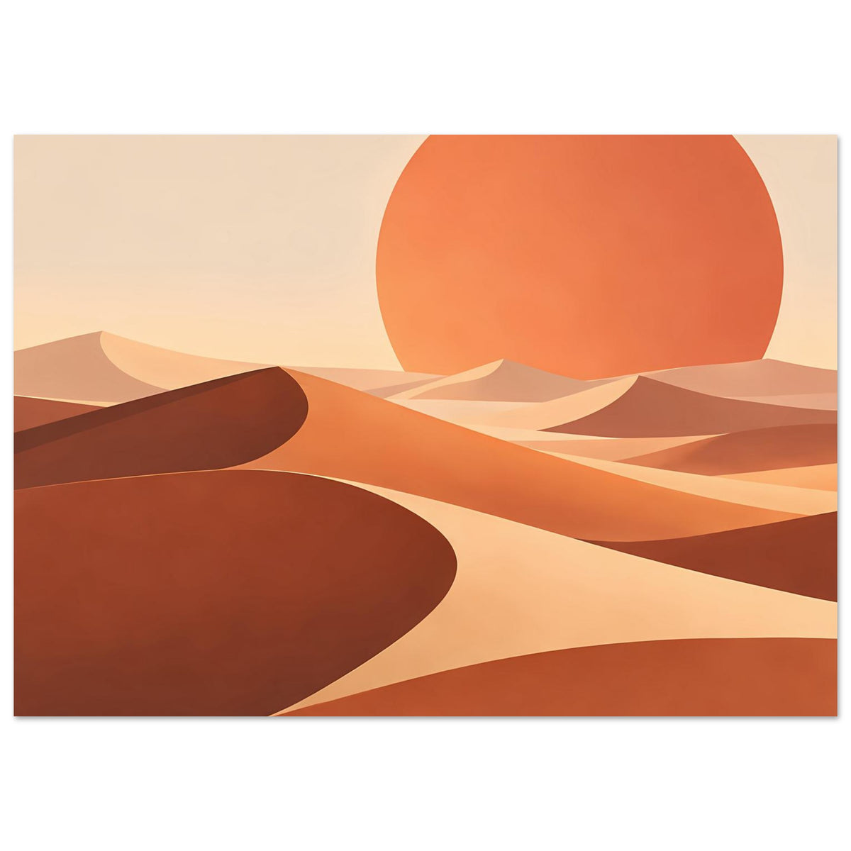 Abstraktes Wüstenposter: orange Sonnenscheibe, geometrische Sandflächen und dunkle Hügel