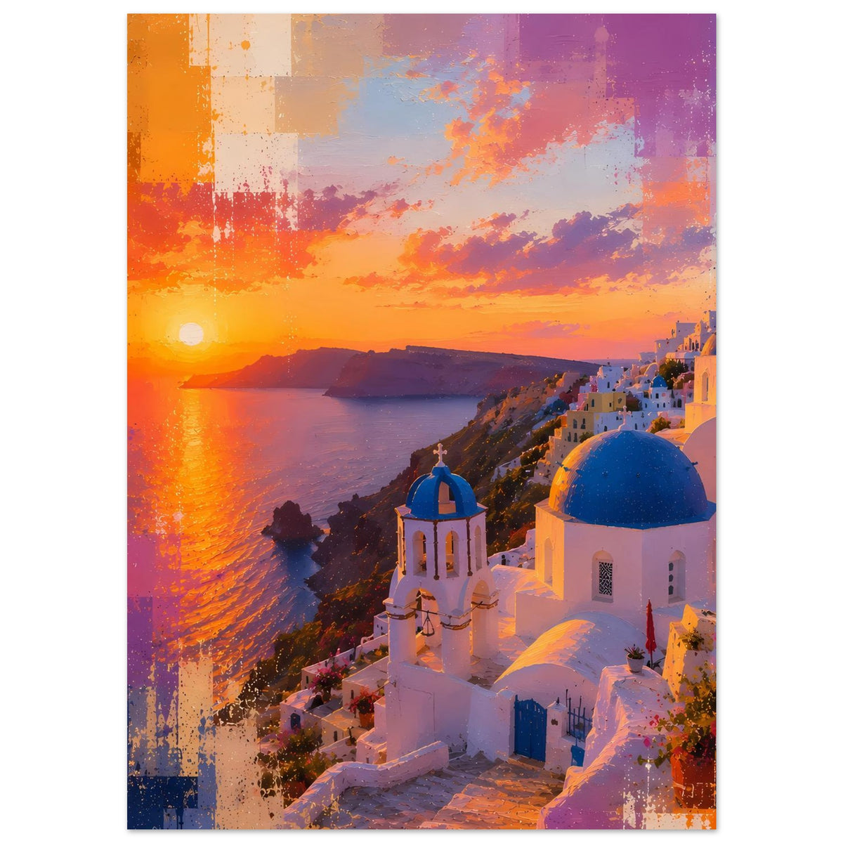 Vertikales Poster mit Sonnenuntergang über Bucht und weiß-blauen Kirchenkuppeln, gesprüht