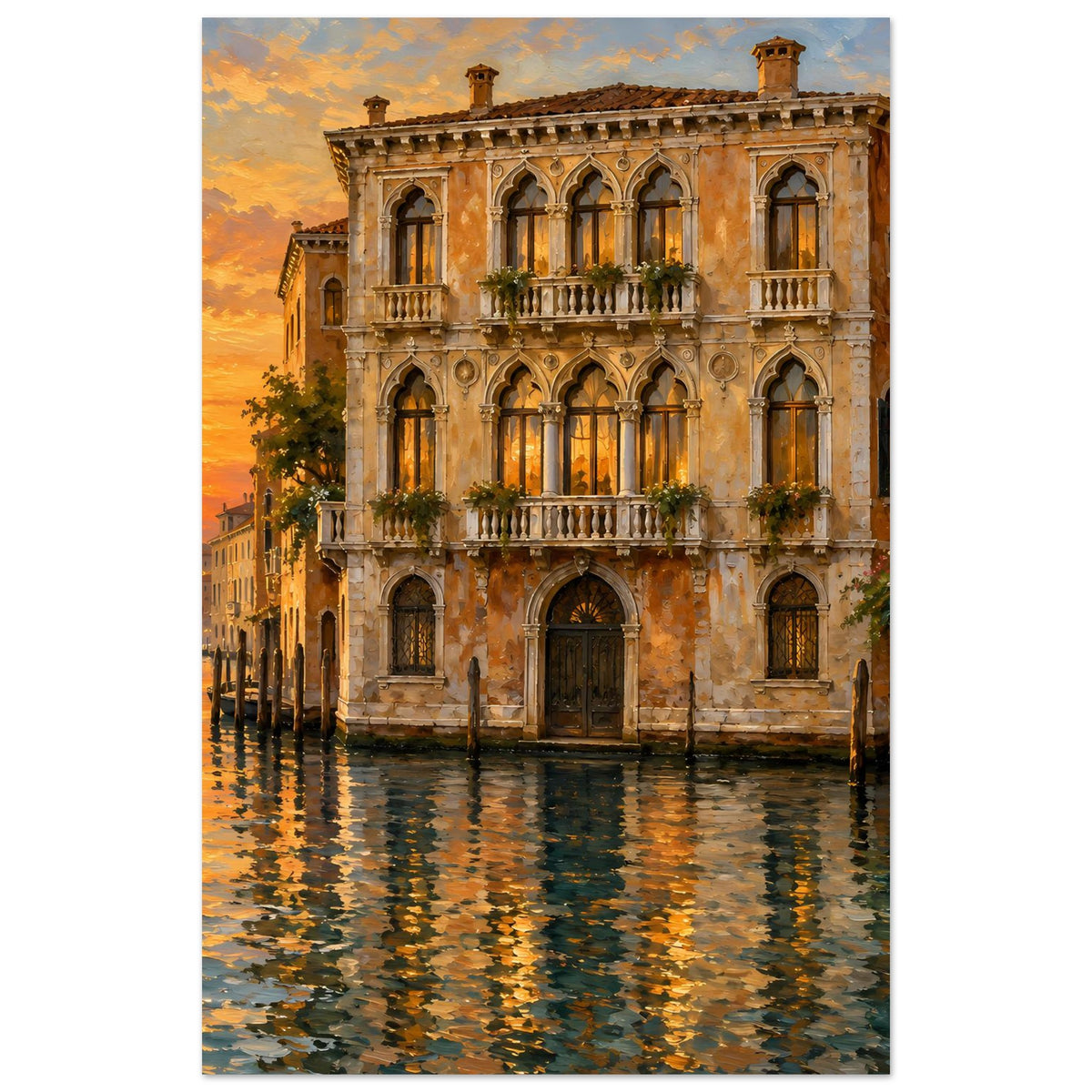 Vertikales Poster mit venezianischem Palazzo, Abendhimmel und reflektierendem Wasser