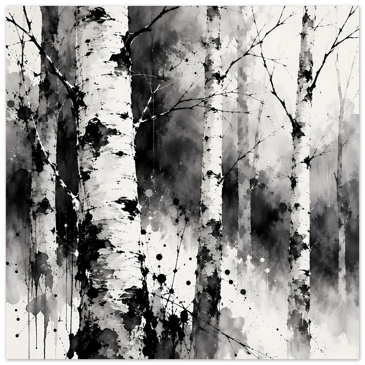 Monochromes Birkenwald-Kunstposter, schwarz-weiß mit Baumstämmen und Sprühpunkten