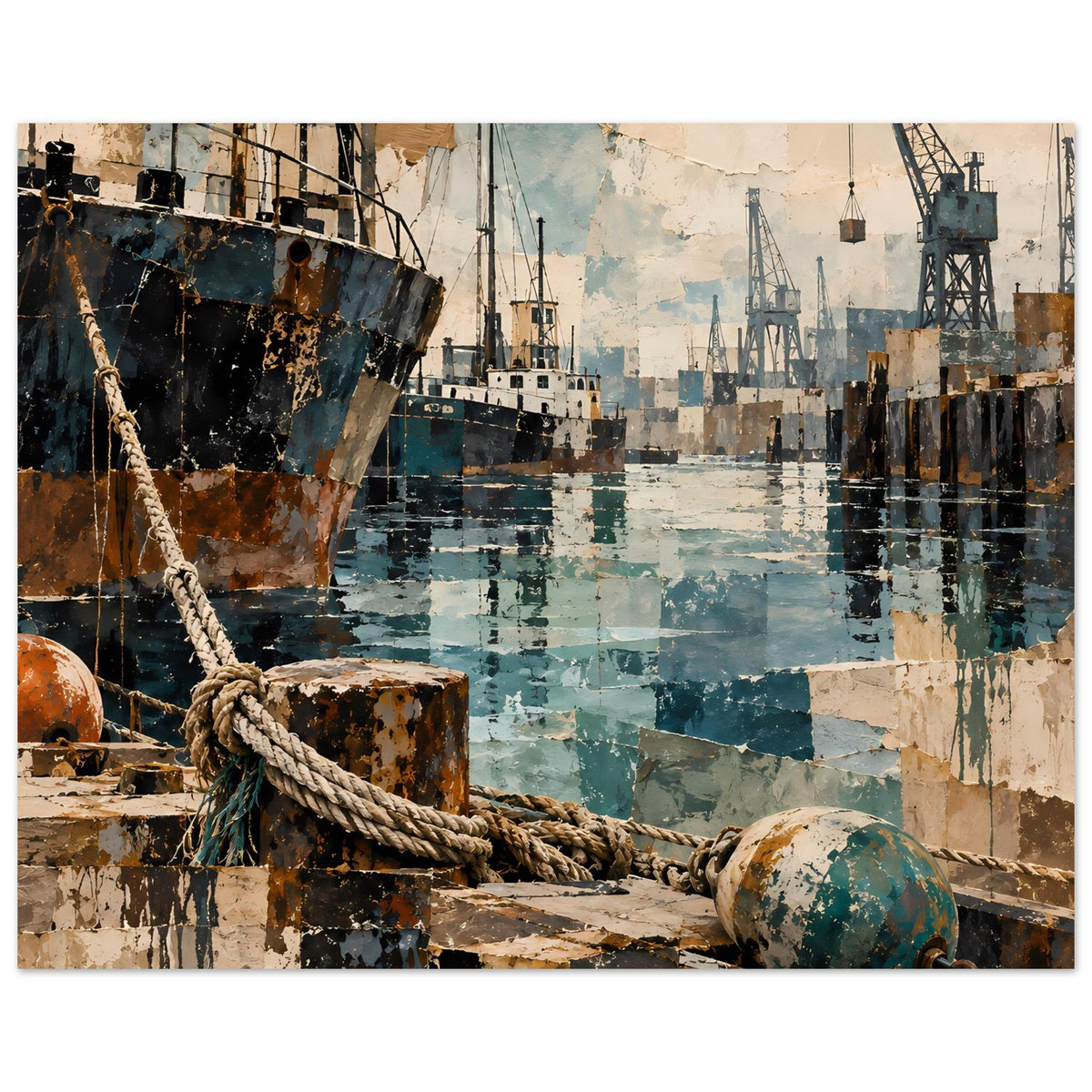 Maritimes Poster: Industriehafen mit Schiffen, Kränen und spiegelndem Wasser