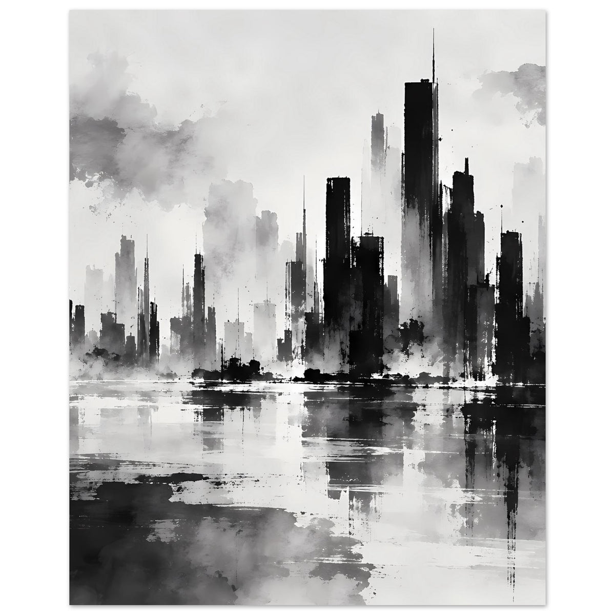 Schwarzweiß-Poster mit Stadtsilhouette, Nebelwolken und Wasserreflexion unten