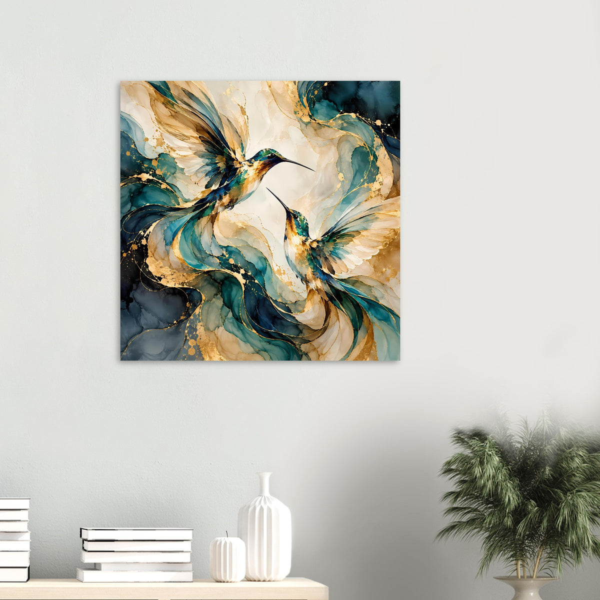 Vogelposter im Quadratformat mit zwei Kolibris, Blau- und Goldtöne