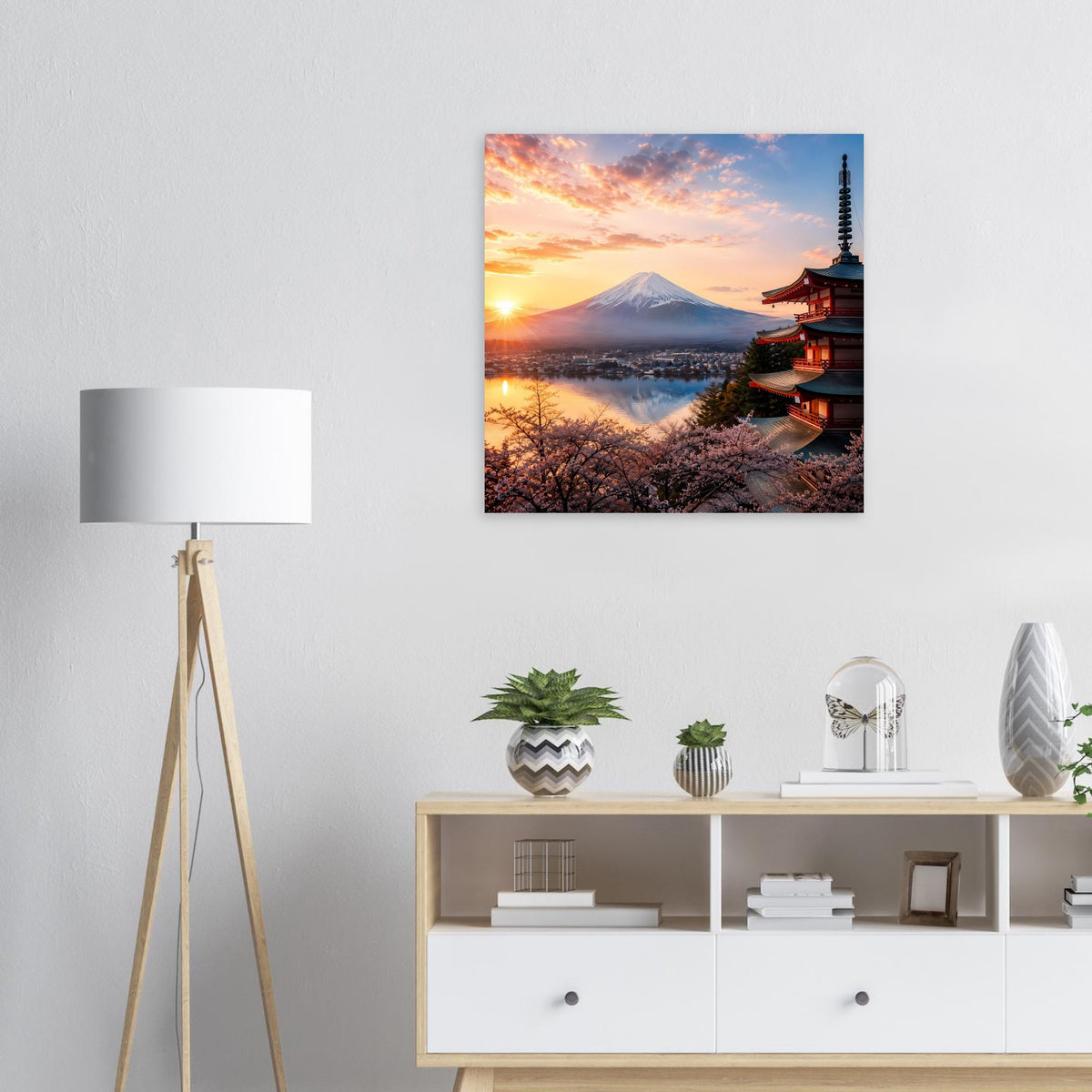 Japanisches Landschaftsposter mit Fuji, Pagode und Kirschblüten im Sonnenuntergang