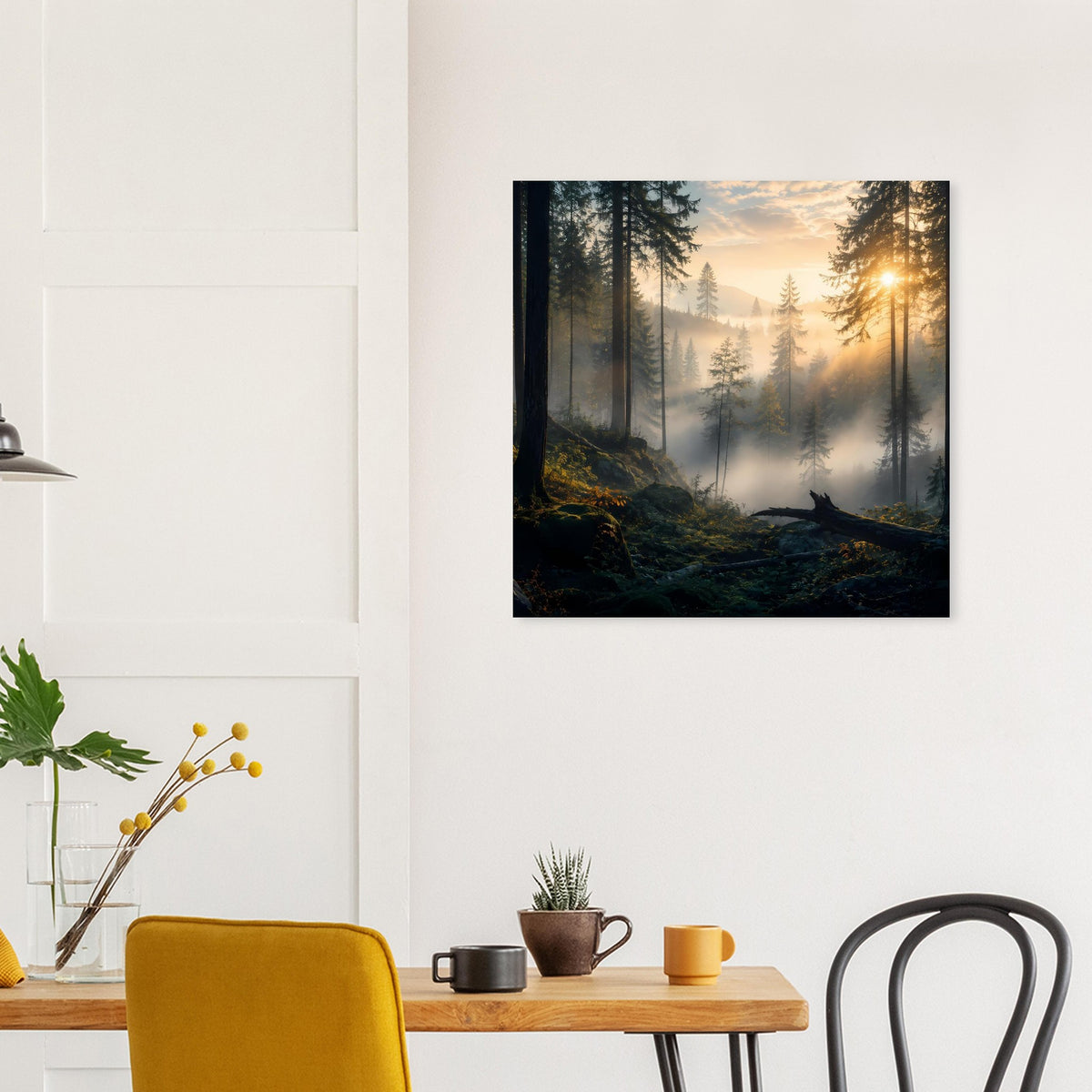 Quadratischer Kunstdruck: Wald bei Sonnenaufgang, im schwarzen Rahmen