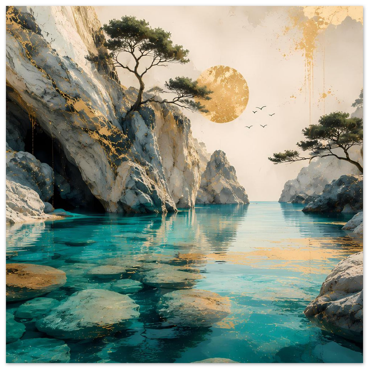 Hochformatiges Poster mit Felsen, türkisblauem Wasser, Baum, goldenem Mond und Vögeln