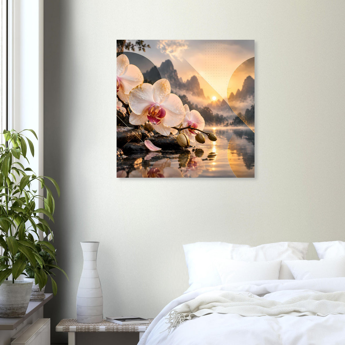 Blumenposter mit Orchideenblüten, Sonnenuntergang und Bergsilhouetten im Rahmen