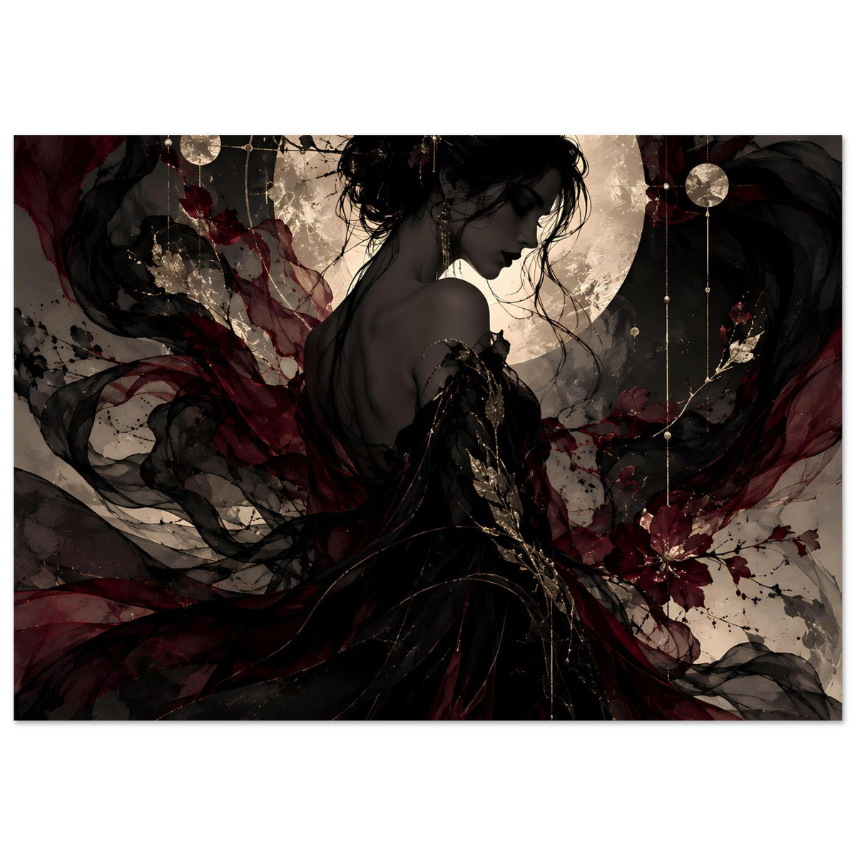 Poster im Querformat: Frauensilhouette im dunklen Kleid, großer Mond, burgunderrote Akzente