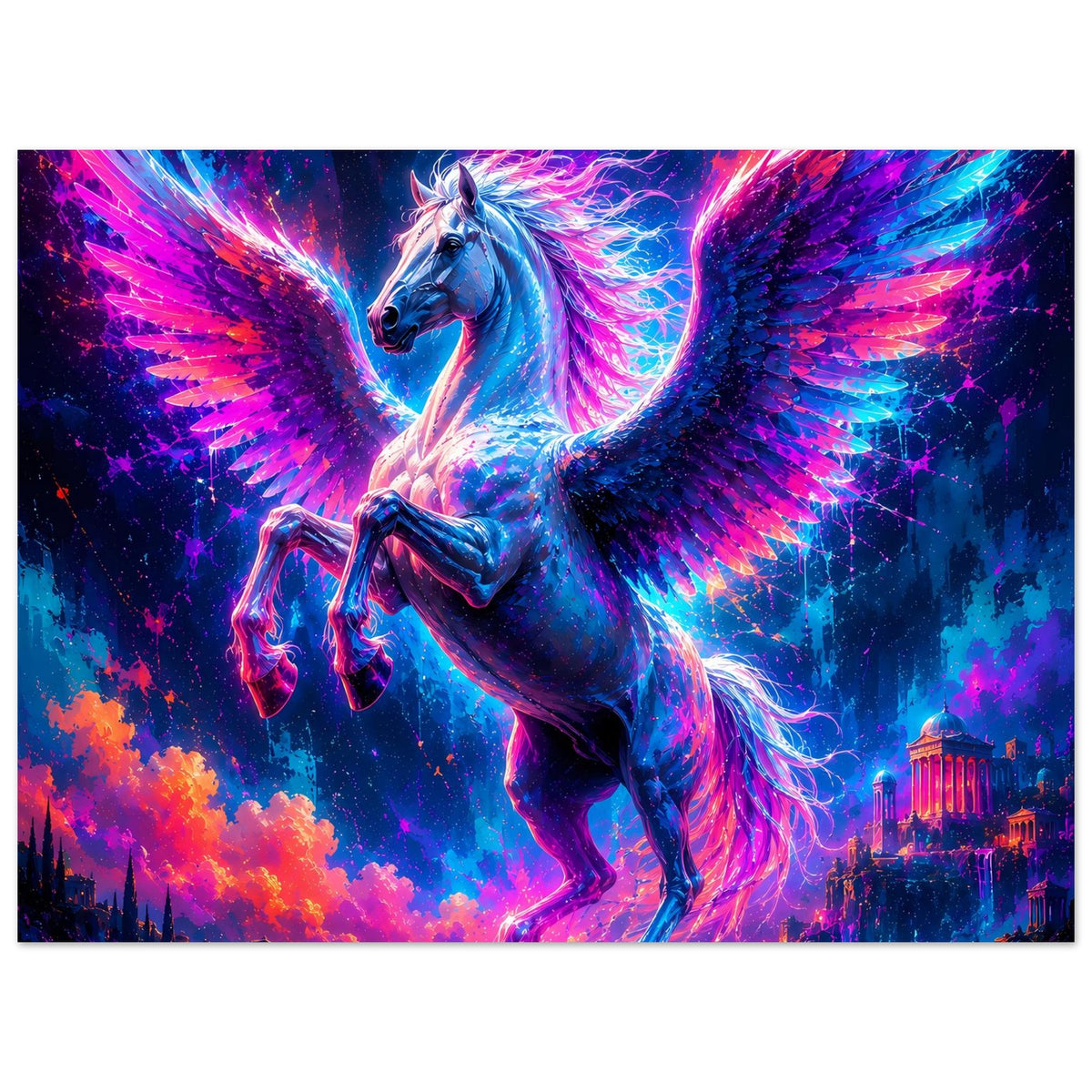 Leuchtendes Pegasus-Poster: Pegasus in Neonfarben, große Flügel und leuchtender Look