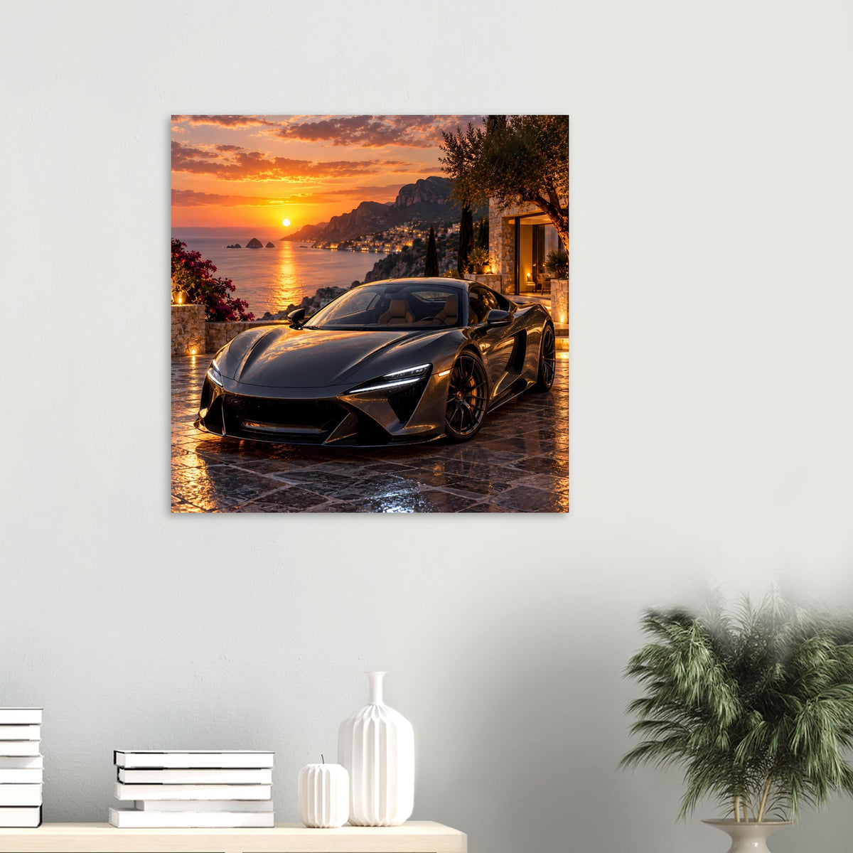 Poster-Druck mit dunkelgrauem Sportwagen bei Sonnenuntergang, warmes Küstenlicht