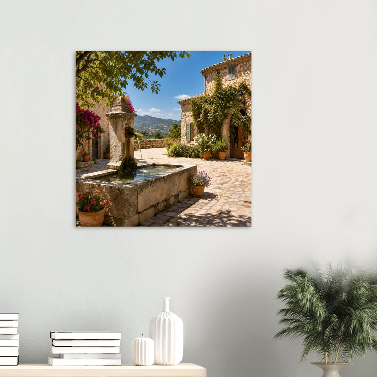 Mediterranes Brunnen-Poster: Steinfontäne mit plätscherndem Wasser und mediterraner Architektur
