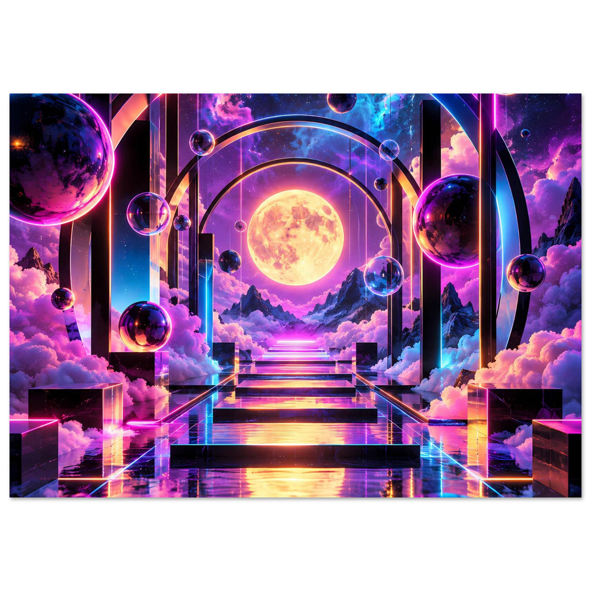 Horizontales Poster: futuristisches Tor mit Planeten, leuchtendem Mond und Himmelslandschaft