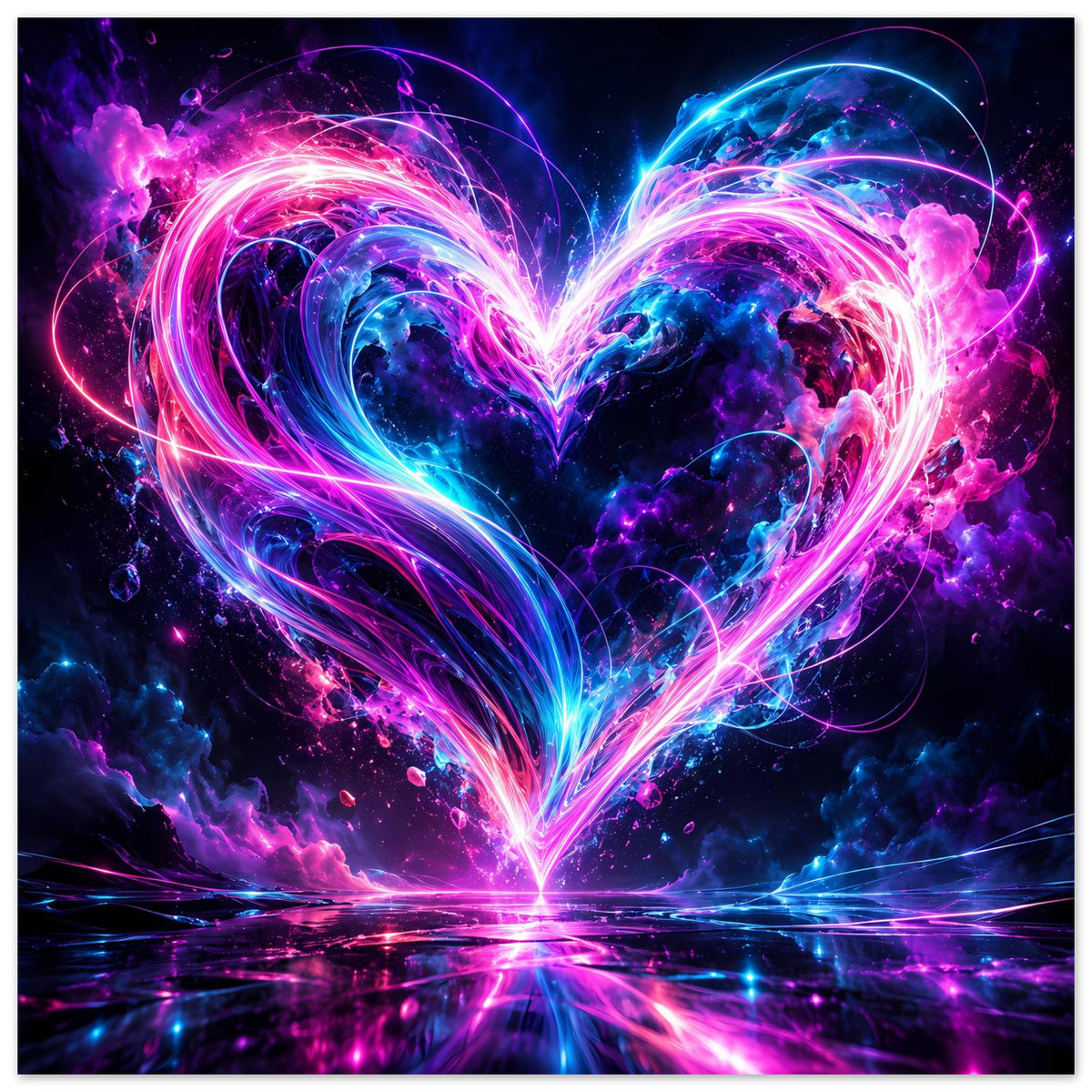 Neon-Herz Poster mit rosa-blauen Lichtspuren, abstraktes Herzmotiv über Spiegelung