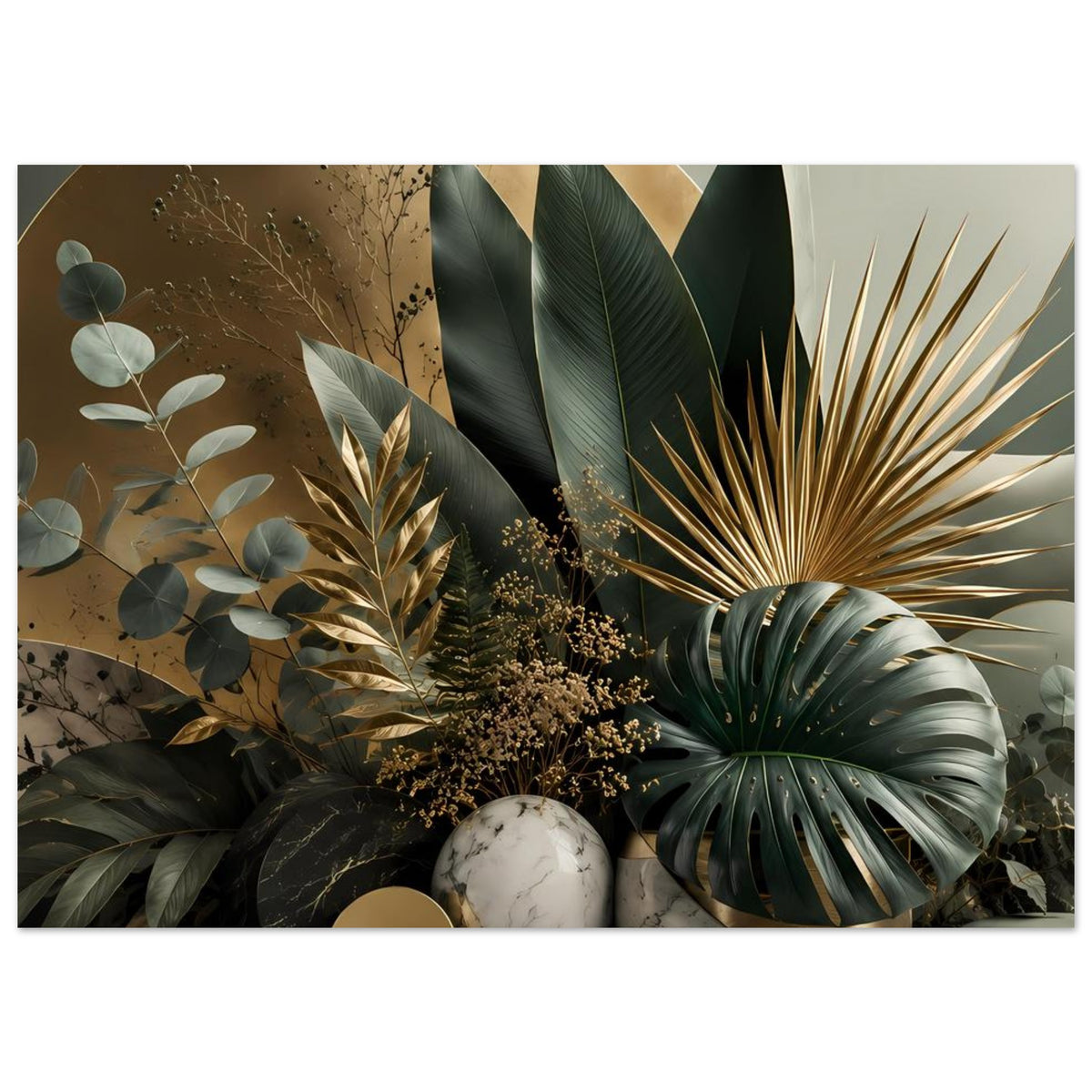 Botanisches Poster mit breitem Pflanzenmotiv, dunklem Laub, goldenen Akzenten und Marmorkugel