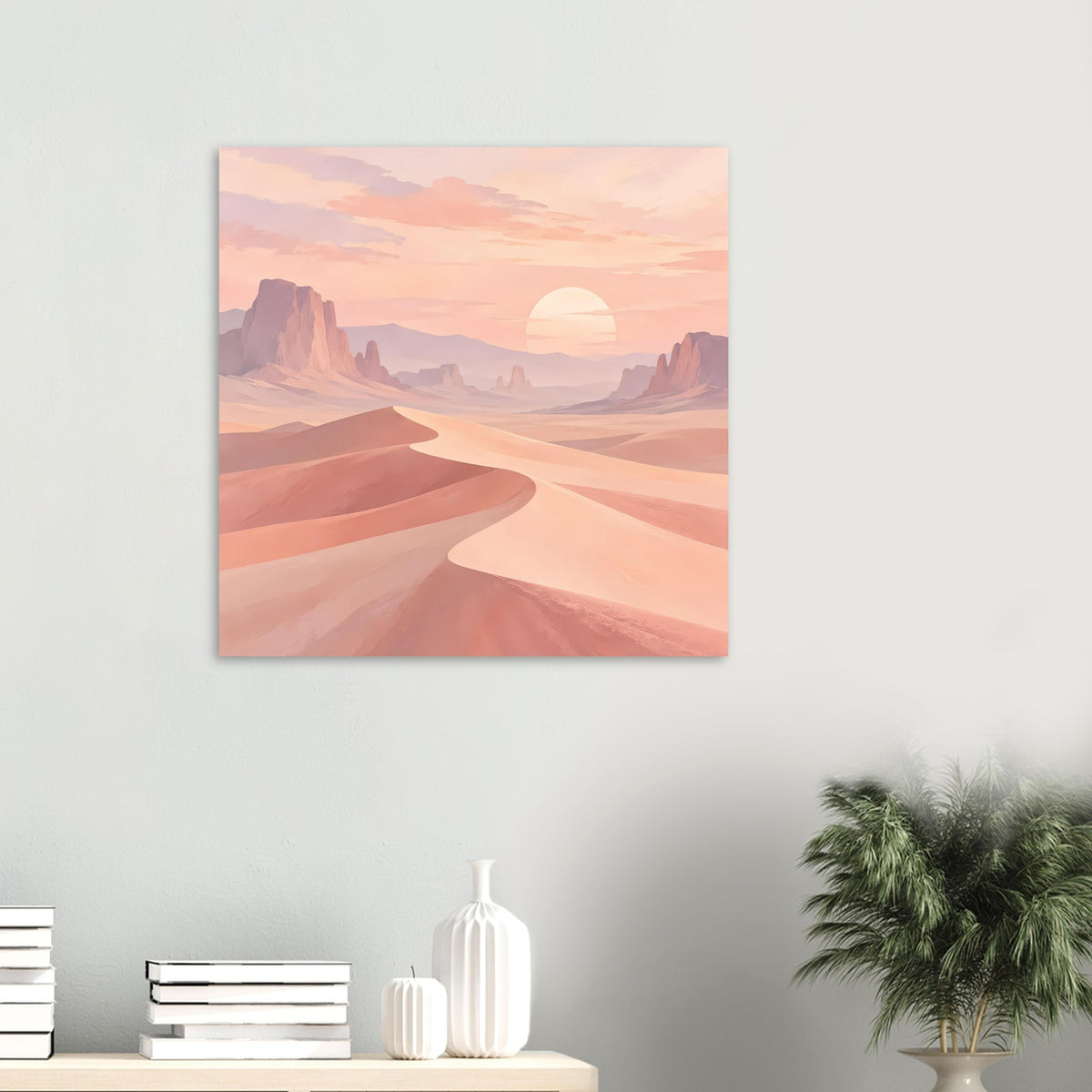 Quadratposter: Pastellwüste mit Dünenweg, Sonnenuntergang und Bergsilhouetten