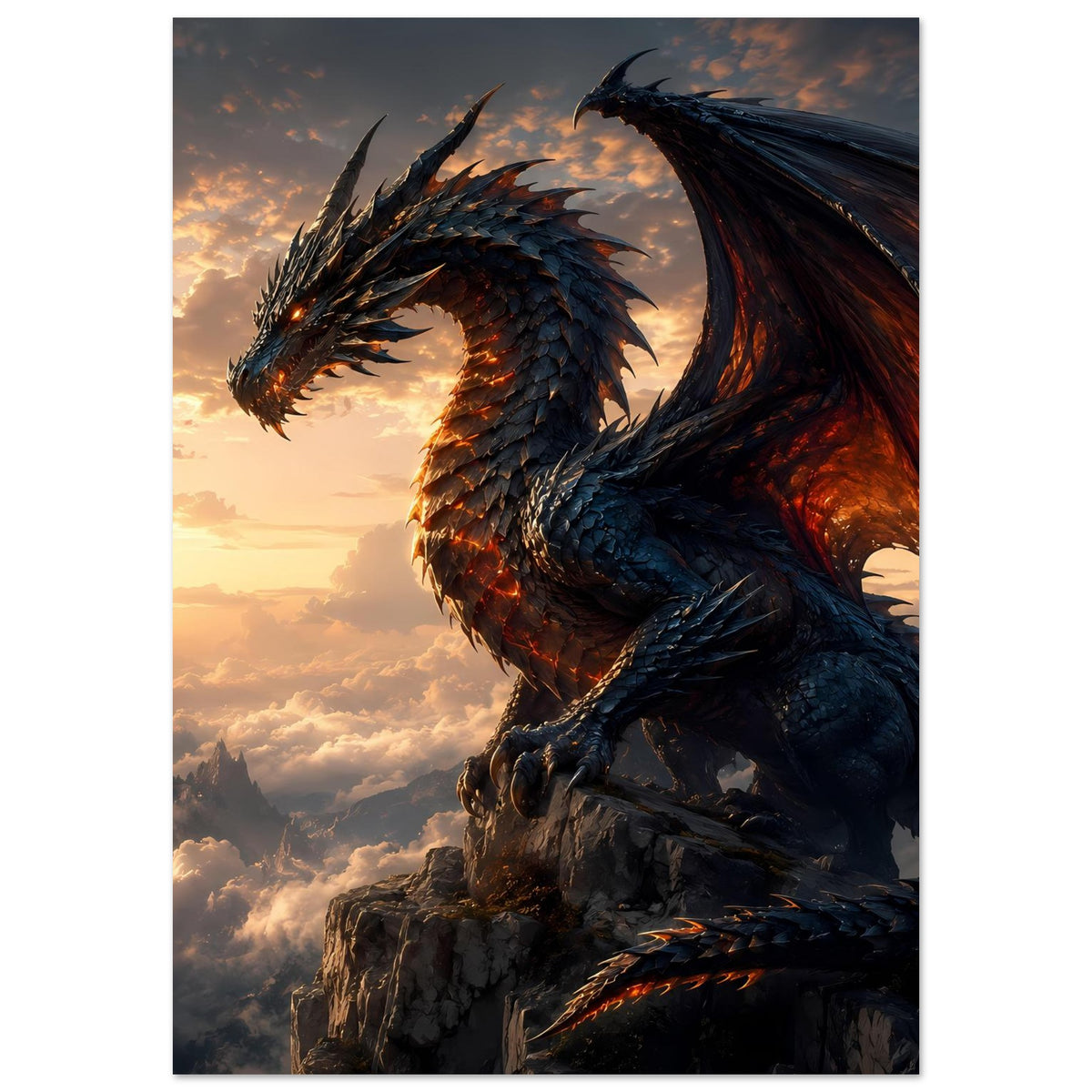 Fantasy-Poster mit kniendem Drachen auf Felsen, glühende Akzente an den Schuppen