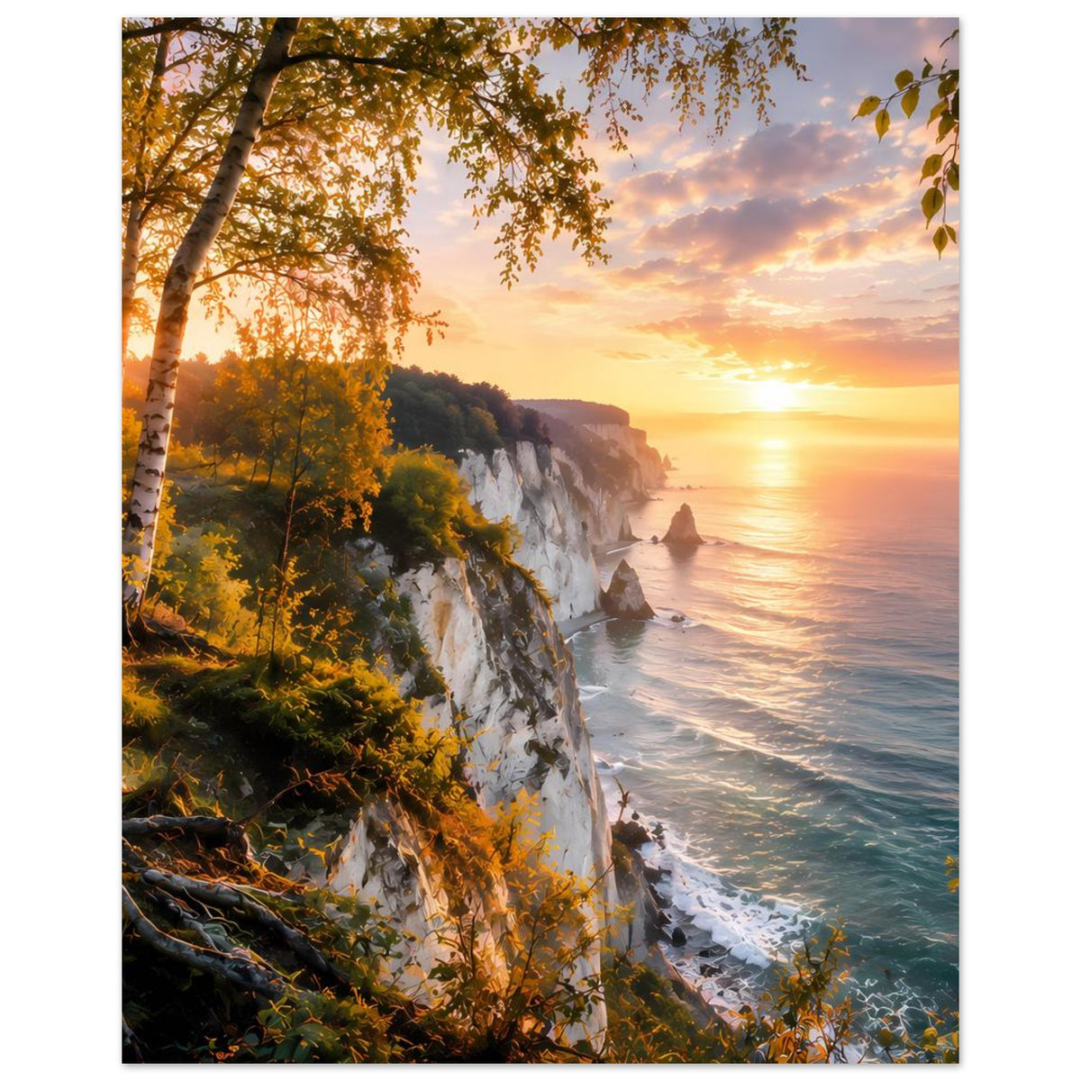 Küstenposter im Hochformat mit Sonnenstrahlen, Birken am Rand und Wellen an der Klippe