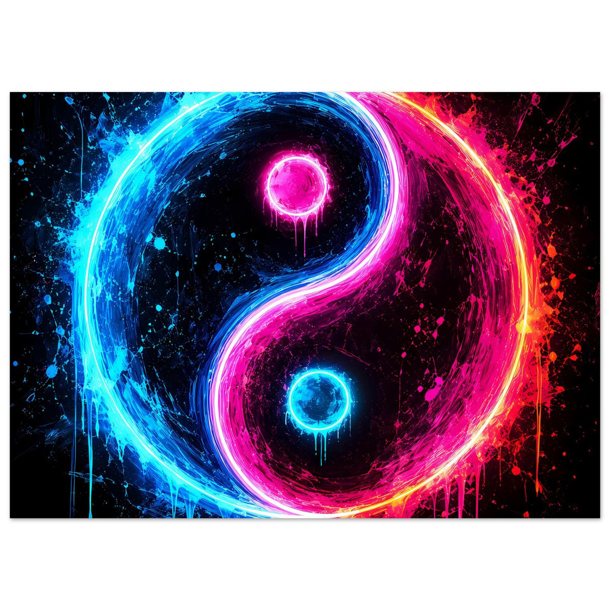 Neon-Yin-Yang-Poster, leuchtendes Blau-Pink-Motiv mit Farbspritzern, detailreicher Nahansicht.