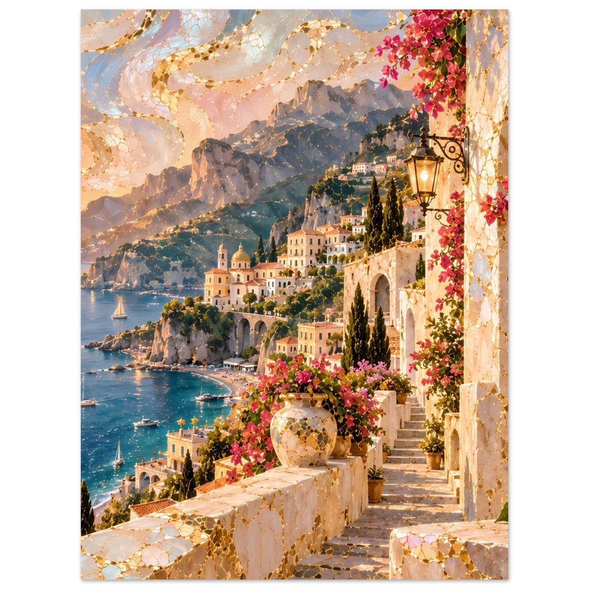 Vertikales Poster: Treppenanlage am Meer, Sonnenuntergang, Bergdorf, Laterne und Blumen