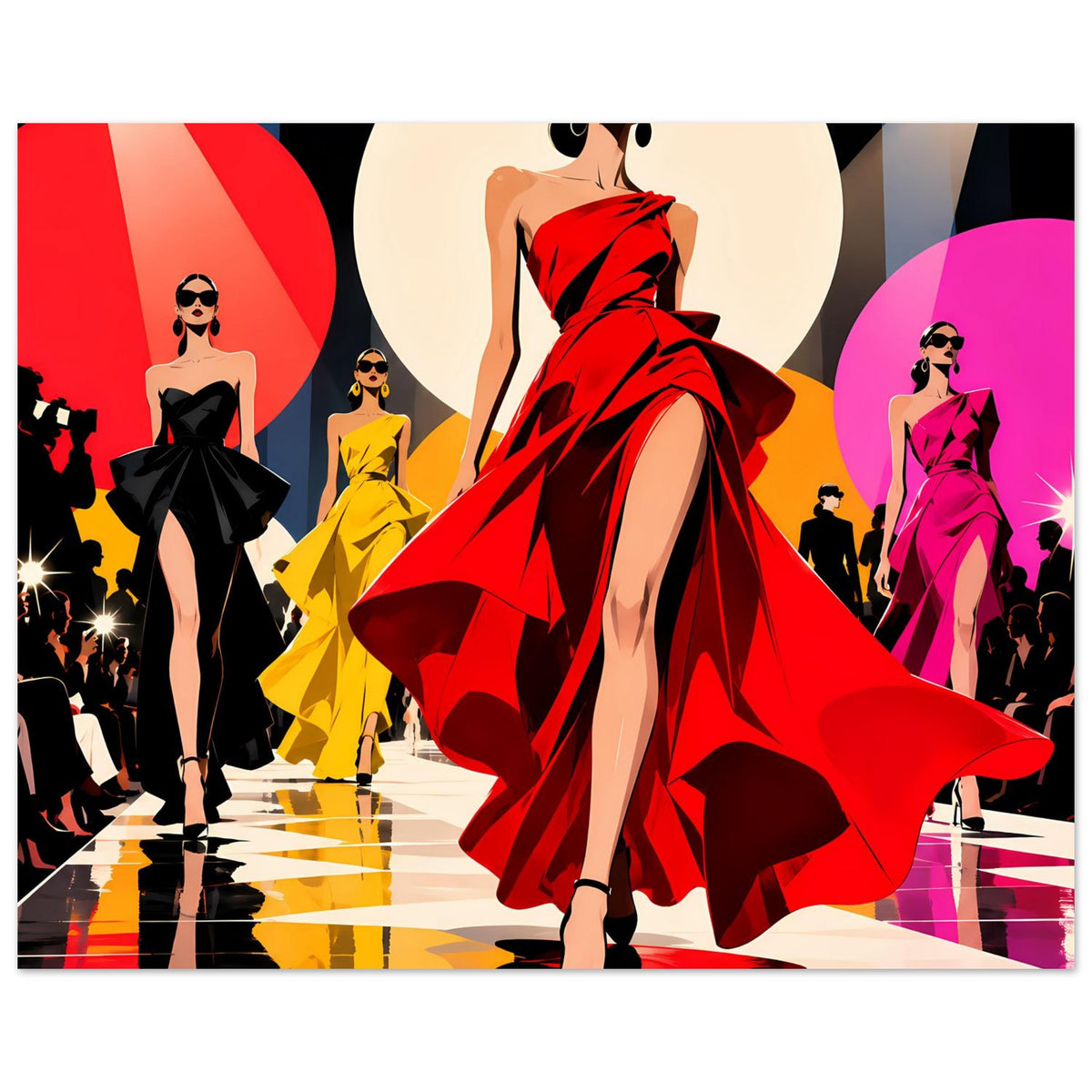 Fashion-Poster im Querformat: rote Abendrobe mit Pop-Art-Laufsteg und Konfetti-Look