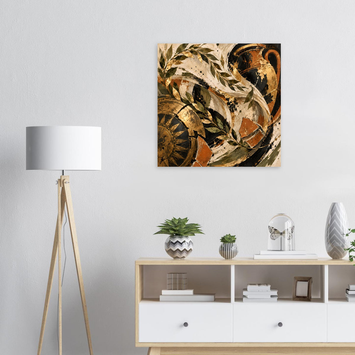 Quadratisches Vintage-Poster mit abstraktem Blatt- und Spiralmotiv in warmen Gold- und Erdtönen