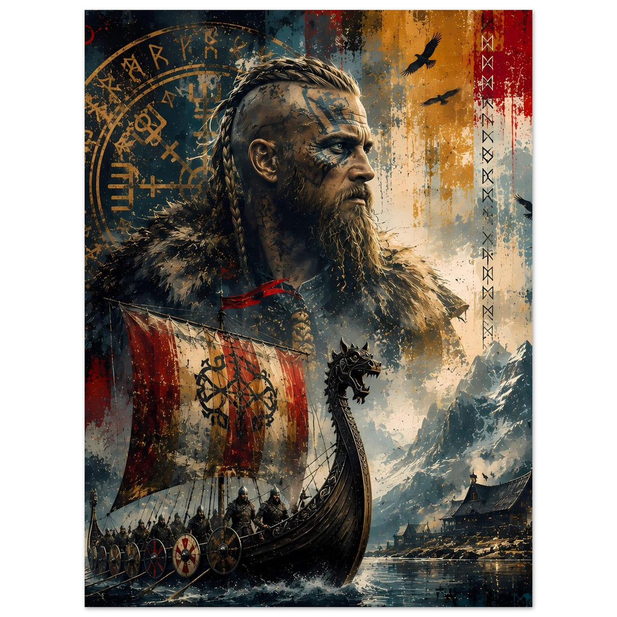 Wikinger-Legendenposter mit bärtigem Nordmann, Schild und Langschiff im Hintergrund