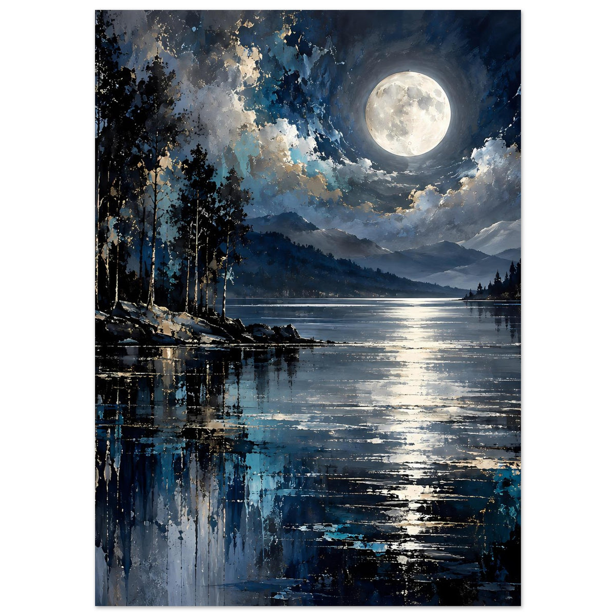 Landschaftsposter (hochkant): Vollmond über See, lange Lichtspuren und Bäume links im Vordergrund.