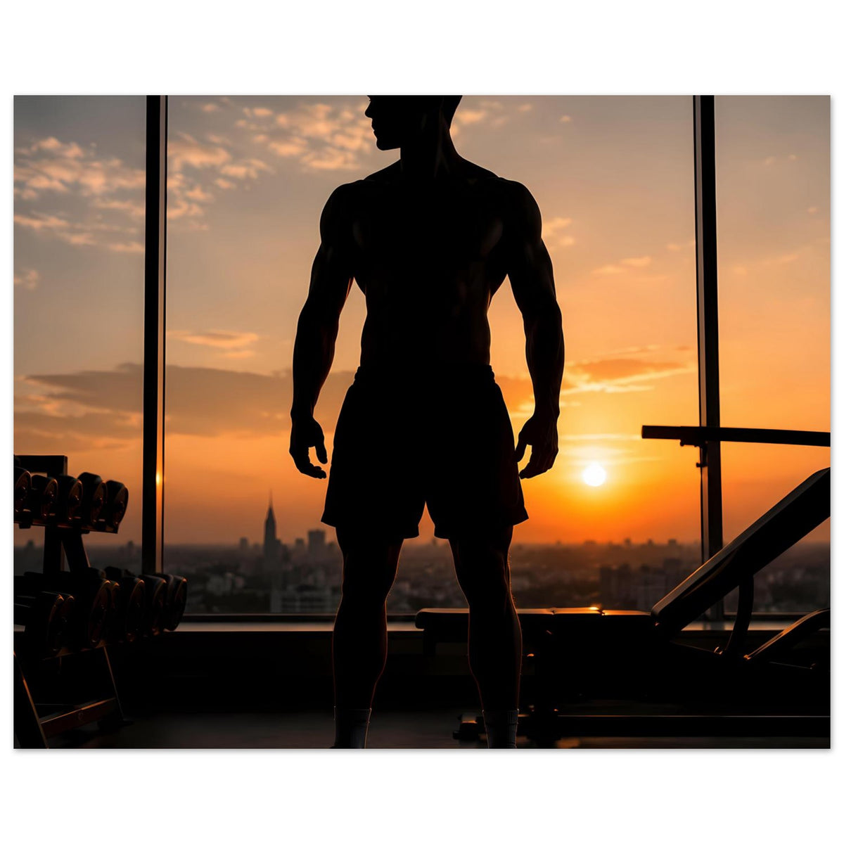 Fitness-Poster mit Sportler-Silhouette, ganzer Körper, seitlicher Stand, dunkel