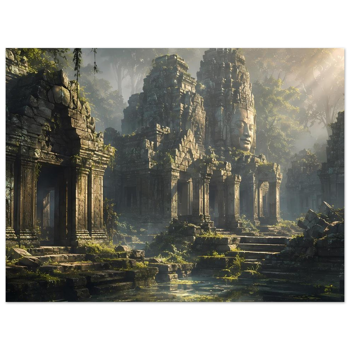 Poster mit Tempelruinen, verfallene Säulen und dichter Dschungel-Atmosphäre