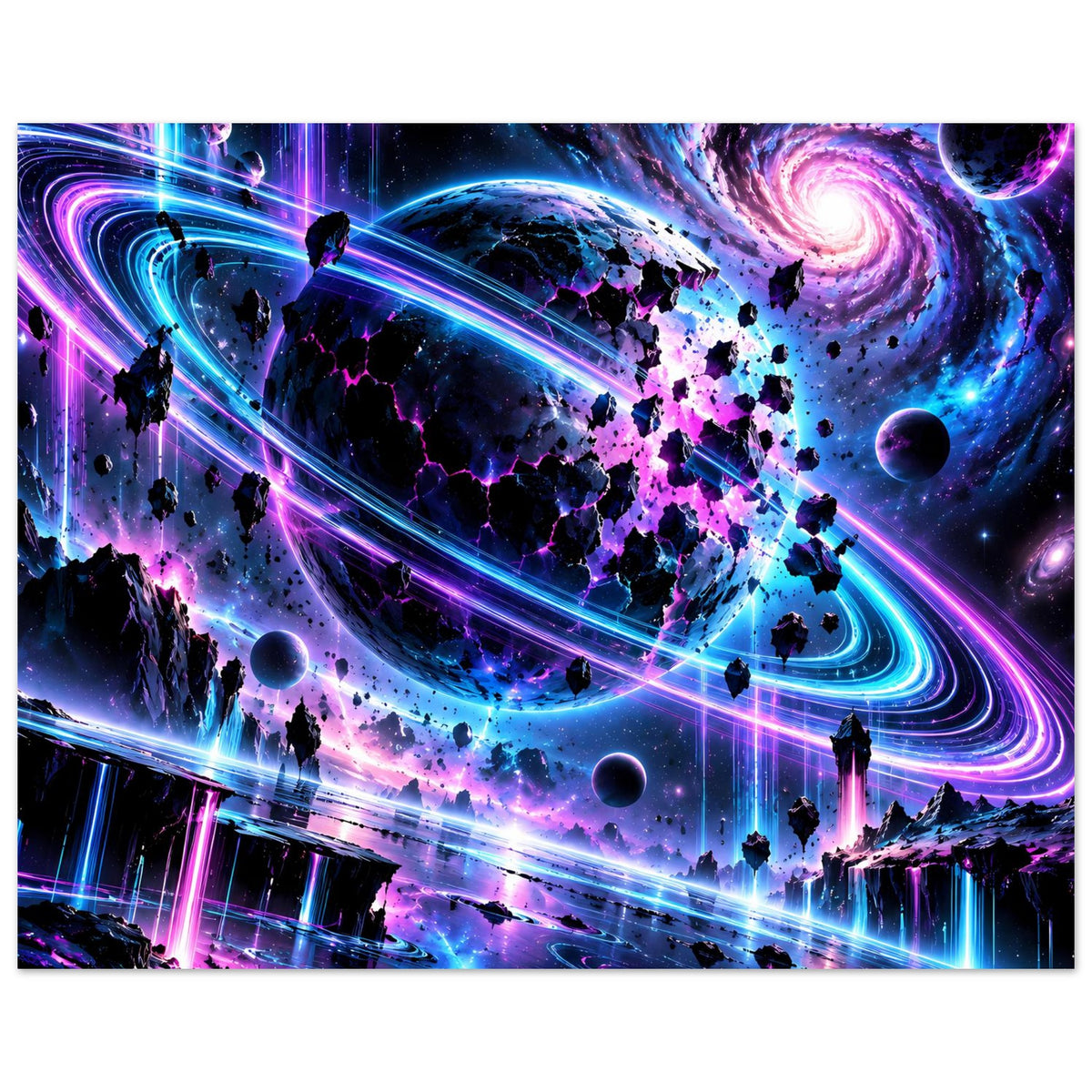 Neon-Galaxie-Poster im Panoramaformat mit Lichtschienen, Spiralgalaxie und Planeten