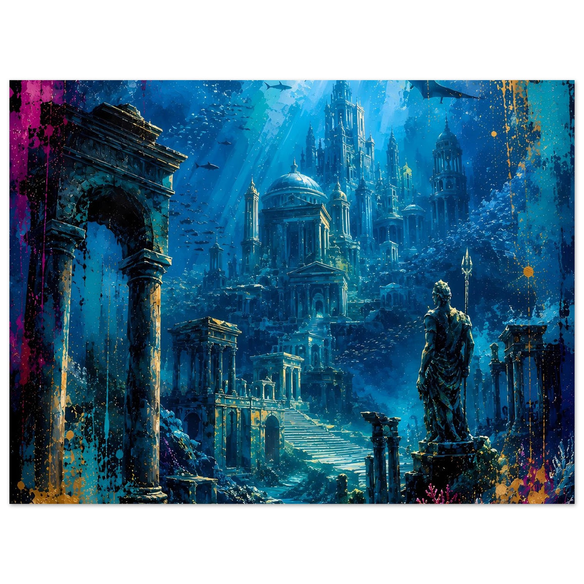 Poster: Unterwasserlandschaft mit versunkener Stadt, Türmen, Säulen und großer Statue