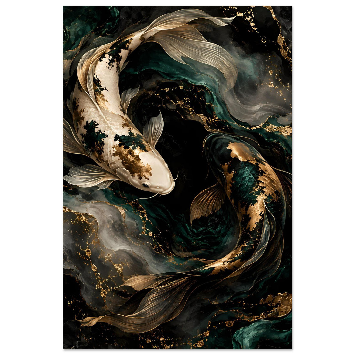 Kunstposter mit Koi-Illustration in Grün und Gold, umschlungen von dunklen Wasserwirbeln