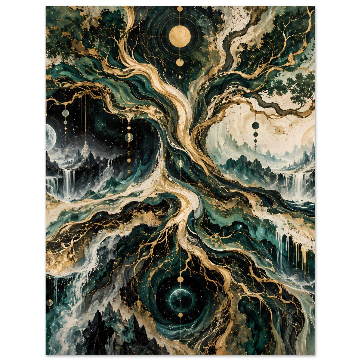 Hochformatposter mit kosmischem Baum, dunklen Bergspitzen und goldenen Linien im Motiv