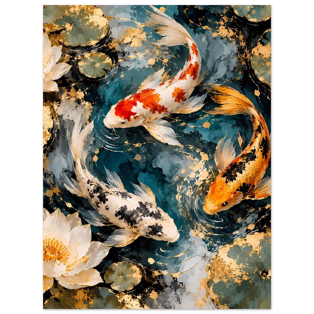 Koi-Pond-Kunstposter im Hochformat mit zwei Koi und weißen Seerosen am Rand des Teichs