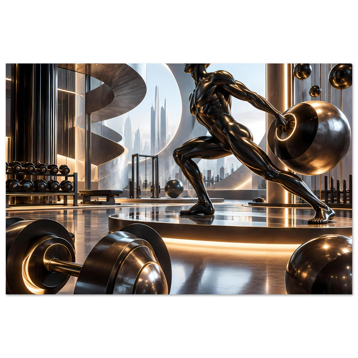 Fitness-Poster mit Bronze-Sportlerin, Hantelstange und Trainingsgeräten in Warmlichtszene
