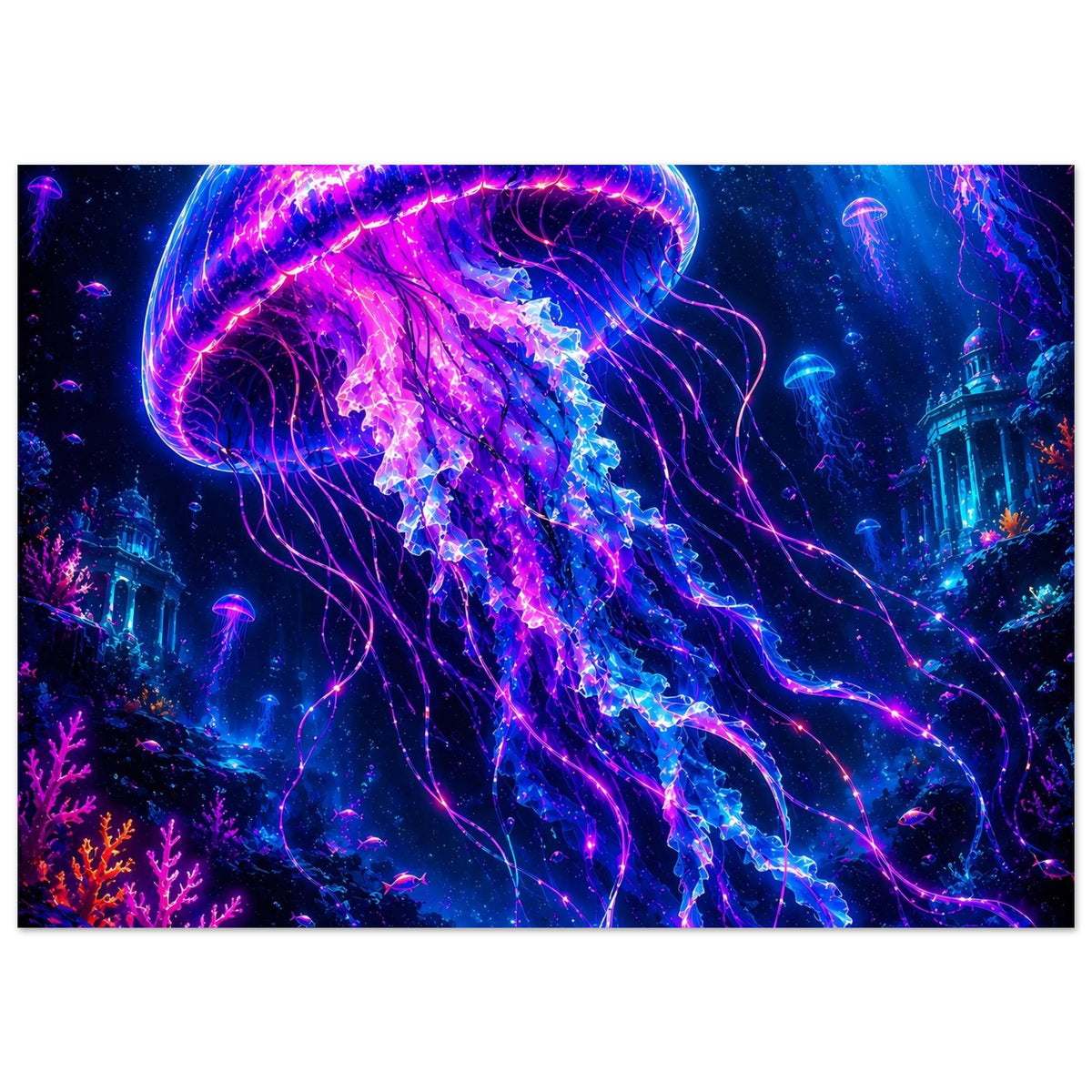 Poster mit großer leuchtender Qualle, violett und blau leuchtende Linien, im Tiefsee-Design