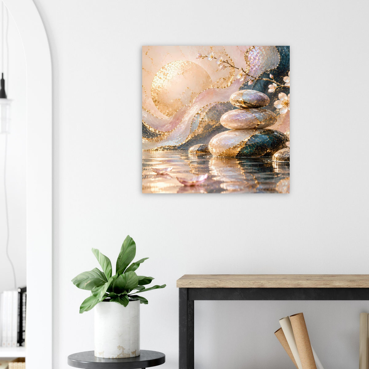 Kunstposter mit Goldakzenten, leuchtende Reflexionen auf Steinen im Wasser