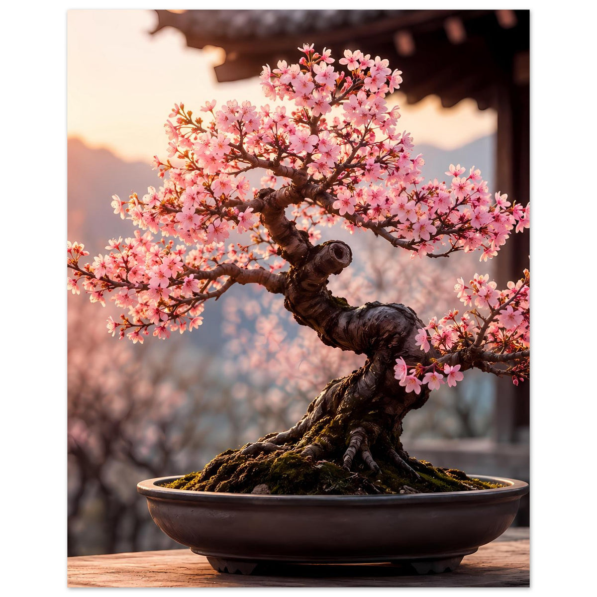 Bonsai-Poster mit rosa Blütenzweigen, gebogenem Stamm und runder brauner Pflanzschale