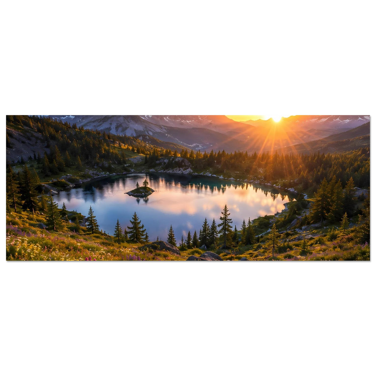Querformat-Wandposter: Sonnenuntergang über Bergsee, Tannenwald und Blumenwiese